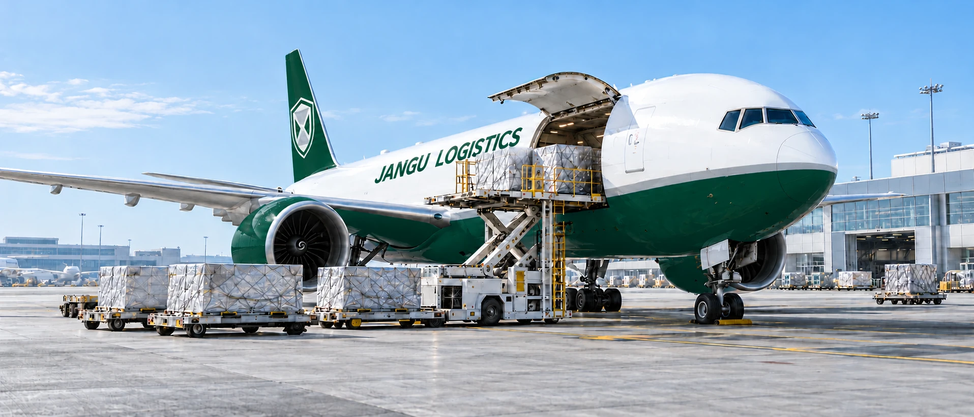꼬리날개에 장구로지스 로고와 동체에 JANGU LOGISTICS가 표시된 딥그린 항공 화물기